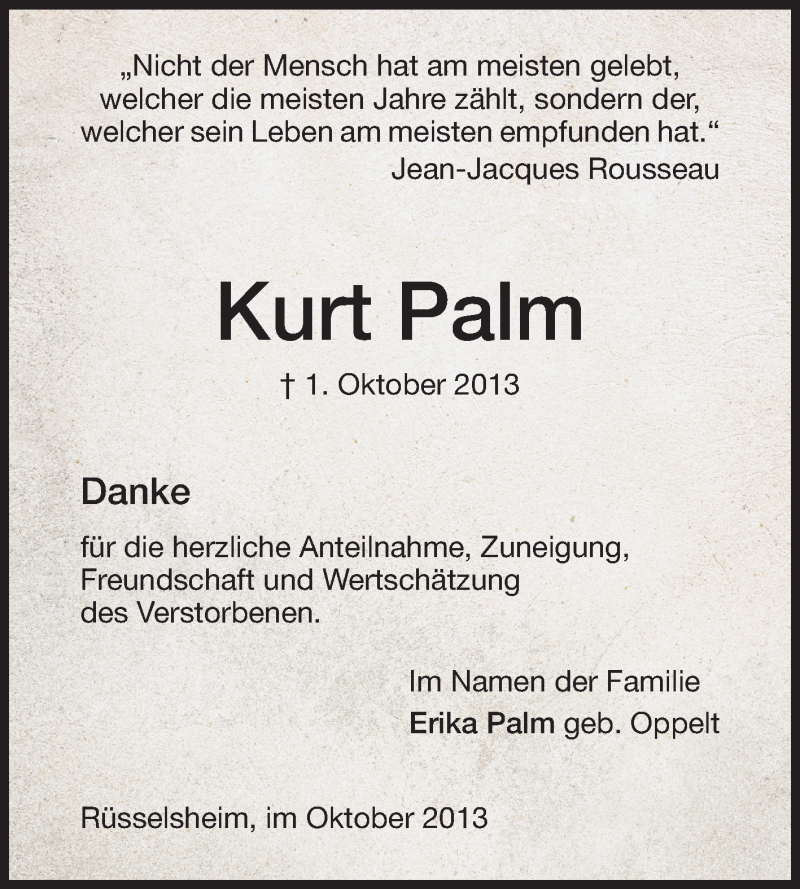  Traueranzeige für Kurt Palm vom 23.10.2013 aus Rüsselsheimer Echo, Groß-Gerauer-Echo, Ried Echo