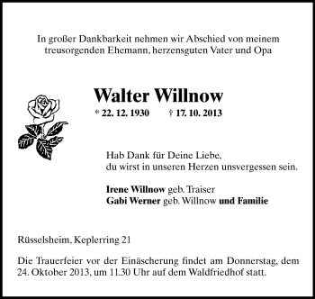 Traueranzeige von Walter Willnow von Rüsselsheimer Echo, Groß-Gerauer-Echo, Ried Echo