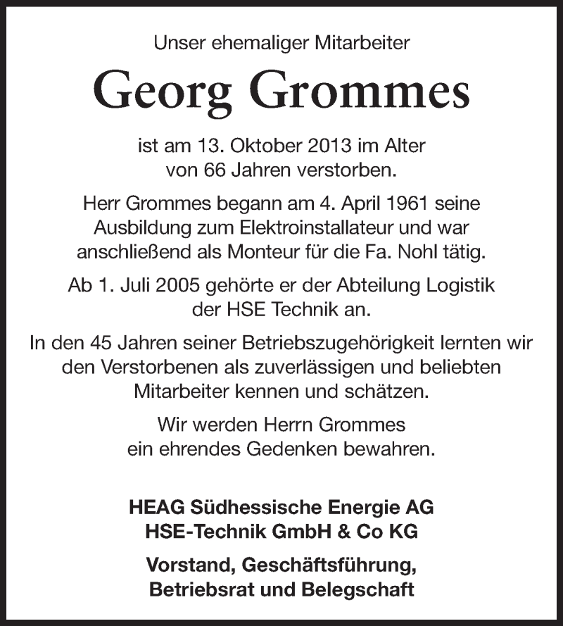  Traueranzeige für Georg Grommes vom 21.10.2013 aus Echo-Zeitungen (Gesamtausgabe)