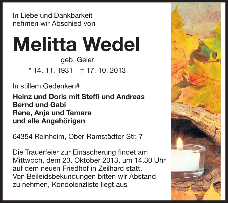  Traueranzeige für Melitta Wedel vom 21.10.2013 aus Echo-Zeitungen (Gesamtausgabe)