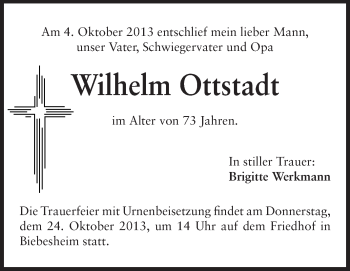 Traueranzeige von Wilhelm Ottstadt von Rüsselsheimer Echo, Groß-Gerauer-Echo, Ried Echo