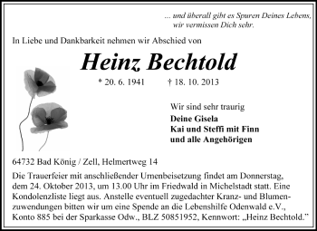 Traueranzeige von Heinz Bechtold von Odenwälder Echo