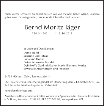 Traueranzeige von Bernd Moritz Jäger von Odenwälder Echo