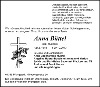 Traueranzeige von Anna Büttel von Echo-Zeitungen (Gesamtausgabe)