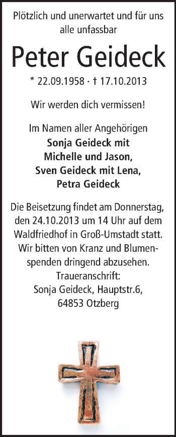 Traueranzeige von Peter Geideck von Echo-Zeitungen (Gesamtausgabe)