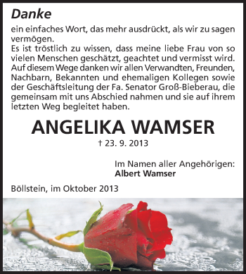 Traueranzeige von Angelika Wamser von Echo-Zeitungen (Gesamtausgabe)