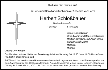 Traueranzeige von Herbert Schloßbauer von Echo-Zeitungen (Gesamtausgabe)