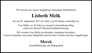 Traueranzeige von Lisbeth Melk von Echo-Zeitungen (Gesamtausgabe)