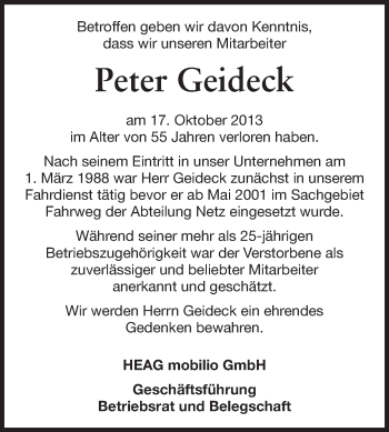 Traueranzeige von Peter Geideck von Echo-Zeitungen (Gesamtausgabe)