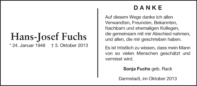  Traueranzeige für Hans-Josef Fuchs vom 26.10.2013 aus Echo-Zeitungen (Gesamtausgabe)