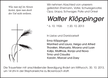 Traueranzeige von Walter Klöppinger von Echo-Zeitungen (Gesamtausgabe)