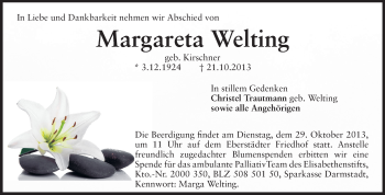 Traueranzeige von Margareta Welting von Echo-Zeitungen (Gesamtausgabe)