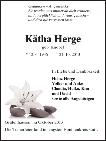 Traueranzeige von Kätha Herge von Echo-Zeitungen (Gesamtausgabe)