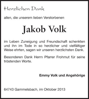Traueranzeige von Jakob Volk von Odenwälder Echo