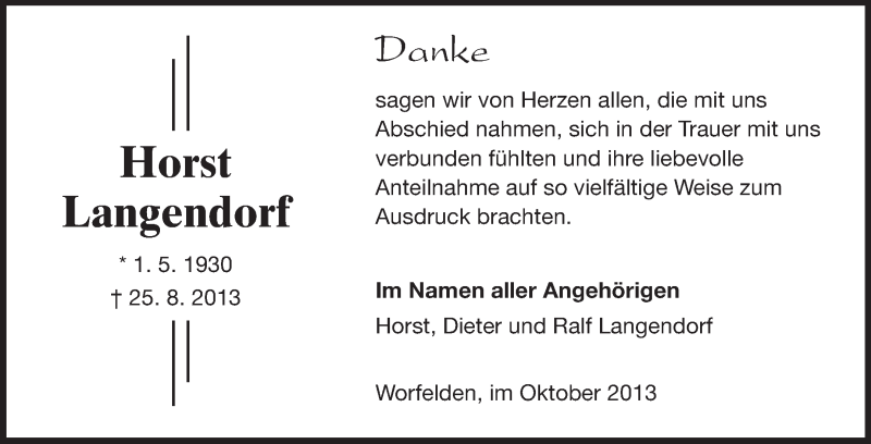  Traueranzeige für Horst Langendorf vom 25.10.2013 aus Rüsselsheimer Echo, Groß-Gerauer-Echo, Ried Echo