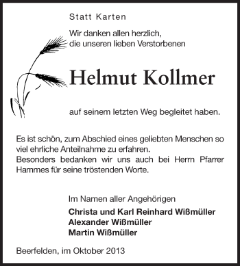 Traueranzeige von Helmut Kollmer von Odenwälder Echo