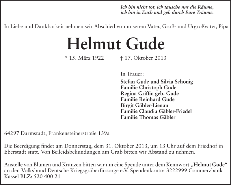  Traueranzeige für Helmut Gude vom 26.10.2013 aus Echo-Zeitungen (Gesamtausgabe)