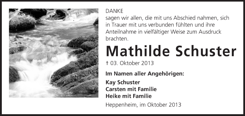  Traueranzeige für Mathilde Schuster vom 26.10.2013 aus Starkenburger Echo