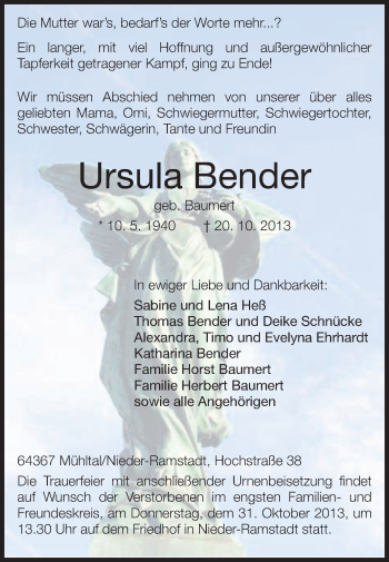 Traueranzeige von Ursula Bender von Echo-Zeitungen (Gesamtausgabe)