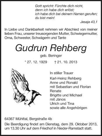 Traueranzeige von Gudrun Rehberg von Echo-Zeitungen (Gesamtausgabe)