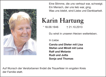 Traueranzeige von Karin Hartung von Rüsselsheimer Echo, Groß-Gerauer-Echo, Ried Echo