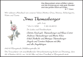 Traueranzeige von Irma Thomasberger von Echo-Zeitungen (Gesamtausgabe)