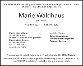 Traueranzeige von Marie Waldhaus von Echo-Zeitungen (Gesamtausgabe)
