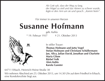 Traueranzeige von Susanne Hofmann von Odenwälder Echo