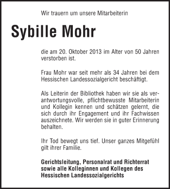 Traueranzeige von Sybille Mohr von Echo-Zeitungen (Gesamtausgabe)