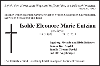 Traueranzeige von Isolde Eleonore Marie Entzian von Echo-Zeitungen (Gesamtausgabe)