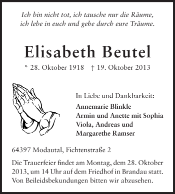 Traueranzeige von Elisabeth Beutel von Echo-Zeitungen (Gesamtausgabe)