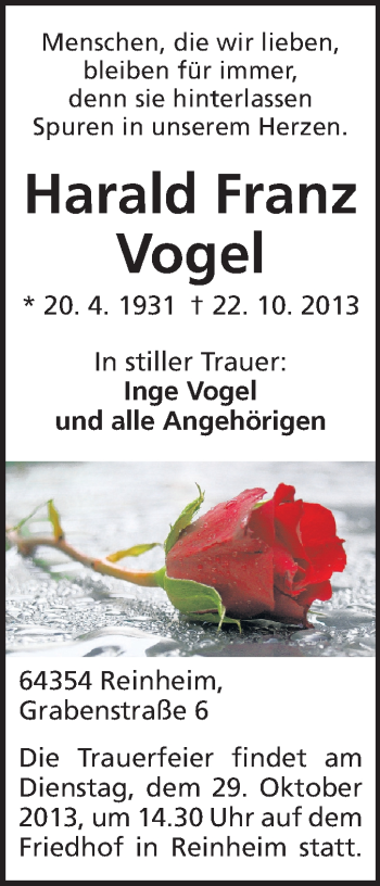 Traueranzeige von Harald Franz Vogel von Echo-Zeitungen (Gesamtausgabe)