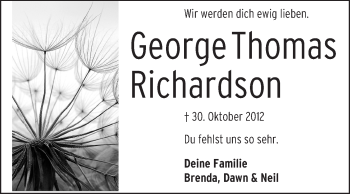 Traueranzeige von George Thomas Richardson von Echo-Zeitungen (Gesamtausgabe)
