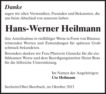 Traueranzeige von Hans-Werner Heilmann von Echo-Zeitungen (Gesamtausgabe)