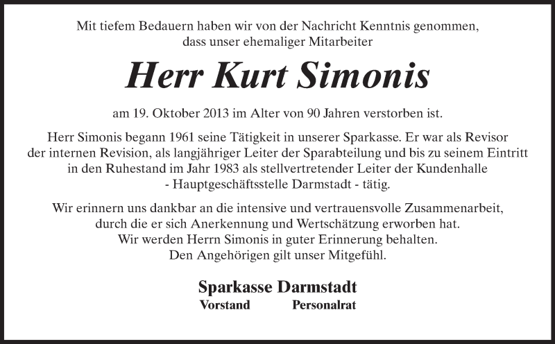  Traueranzeige für Kurt Simonis vom 26.10.2013 aus Echo-Zeitungen (Gesamtausgabe)