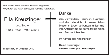 Traueranzeige von Ella Kreuzinger von Rüsselsheimer Echo, Groß-Gerauer-Echo, Ried Echo