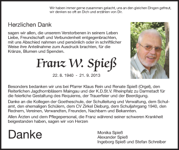 Traueranzeige von Franz W. Spieß von Echo-Zeitungen (Gesamtausgabe)