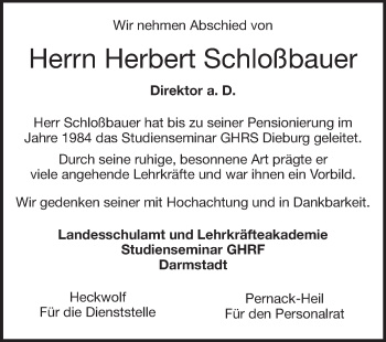 Traueranzeige von Herbert Schloßbauer von Echo-Zeitungen (Gesamtausgabe)