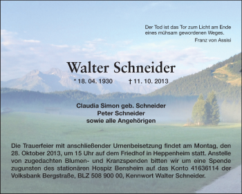 Traueranzeige von Walter Schneider von Starkenburger Echo