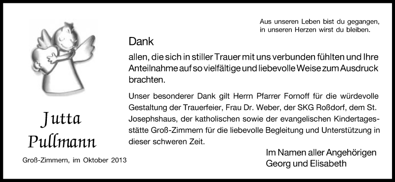  Traueranzeige für Jutta Pullmann vom 26.10.2013 aus Echo-Zeitungen (Gesamtausgabe)