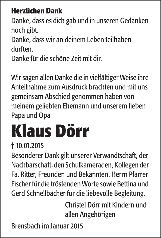  Traueranzeige für Klaus Dörr vom 14.02.2015 aus Odenwälder Echo