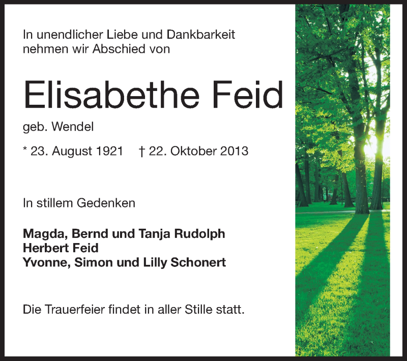  Traueranzeige für Elisabethe Feid vom 26.10.2013 aus Echo-Zeitungen (Gesamtausgabe)