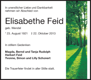 Traueranzeige von Elisabethe Feid von Echo-Zeitungen (Gesamtausgabe)
