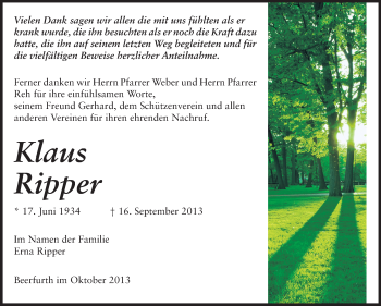 Traueranzeige von Klaus Ripper von Odenwälder Echo