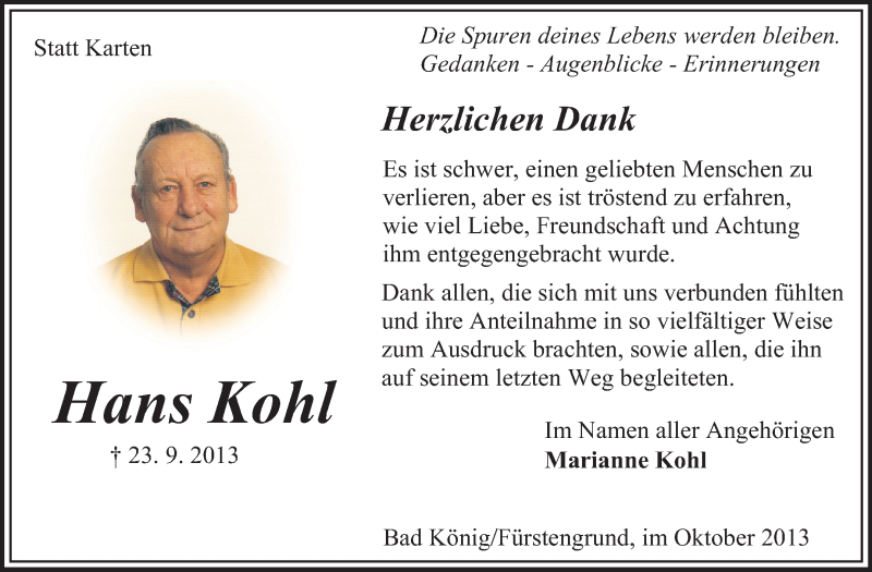  Traueranzeige für Hans Kohl vom 26.10.2013 aus Echo-Zeitungen (Gesamtausgabe)
