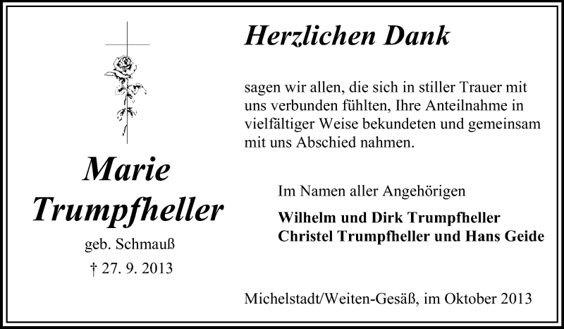  Traueranzeige für Marie Trumpfheller vom 26.10.2013 aus Odenwälder Echo