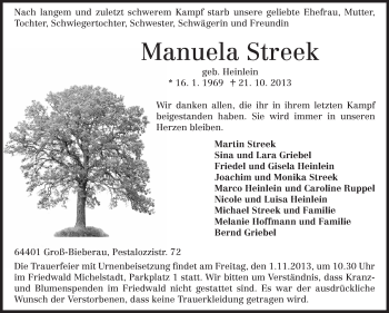 Traueranzeige von Manuela Streek von Echo-Zeitungen (Gesamtausgabe)