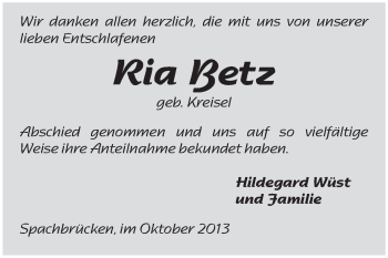 Traueranzeige von Ria Betz von Echo-Zeitungen (Gesamtausgabe)