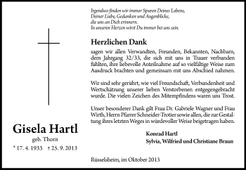 Traueranzeige von Gisela Hartl von Rüsselsheimer Echo, Groß-Gerauer-Echo, Ried Echo