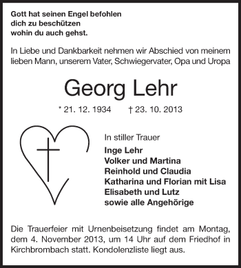 Traueranzeige von Georg Lehr von Odenwälder Echo